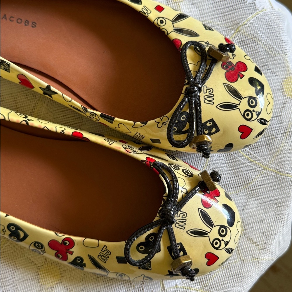 Marc Jacobs Yellow Printed Ballet Flats with Black Bow and Red Accents